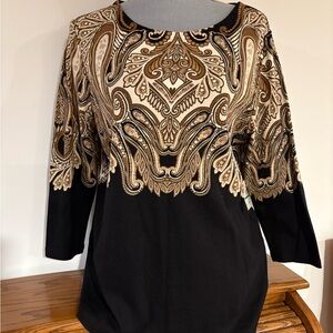 Rafaella women’s Elegant Black & Brown Paisley 3/4 sleeve side zip Top petite Lg